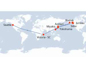 Carte de l'itinéraire de croisière Yokohama-Seattle d'une durée de 19 jours