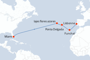 Carte de l'itinéraire de croisière Miami-Lisbonne d'une durée de 14 jours