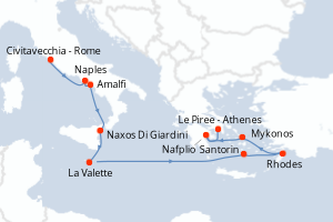 Carte de l'itinéraire de croisière Civitavecchia - Rome-Le Piree - Athenes d'une durée de 11 jours