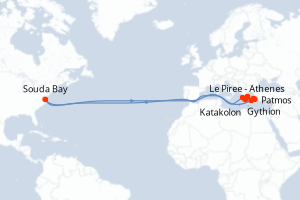 Carte de l'itinéraire de croisière Le Piree - Athenes-Le Piree - Athenes d'une durée de 7 jours