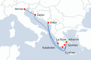 Carte de l'itinéraire de croisière Le Piree - Athenes-Venise d'une durée de 7 jours
