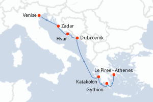 Carte de l'itinéraire de croisière Venise-Le Piree - Athenes d'une durée de 7 jours