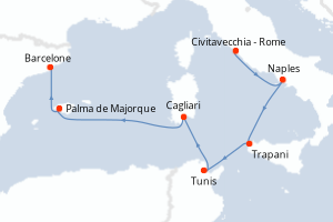 Carte de l'itinéraire de croisière Civitavecchia - Rome-Barcelone d'une durée de 7 jours
