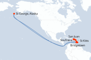 Carte de l'itinéraire de croisière Bridgetown-San Juan d'une durée de 8 jours