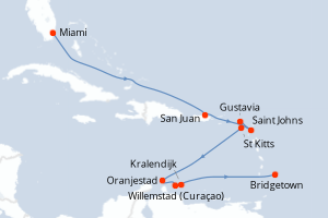 Carte de l'itinéraire de croisière Miami-Bridgetown d'une durée de 12 jours