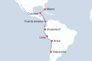 Carte de l'itinéraire de croisière Valparaíso-Miami d'une durée de 18 jours