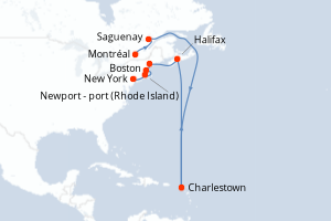 Carte de l'itinéraire de croisière Montréal-New York d'une durée de 11 jours