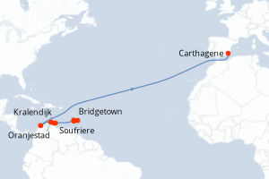 Carte de l'itinéraire de croisière Bridgetown-Carthagene d'une durée de 9 jours