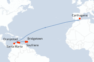 Carte de l'itinéraire de croisière Carthagene-Bridgetown d'une durée de 9 jours