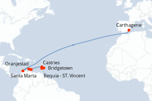Carte de l'itinéraire de croisière Carthagene-Bridgetown d'une durée de 9 jours