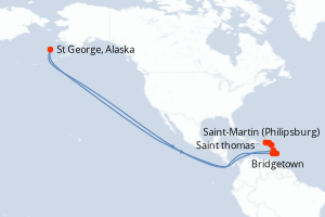 Carte de l'itinéraire de croisière Bridgetown-Saint-Martin (Philipsburg) d'une durée de 7 jours
