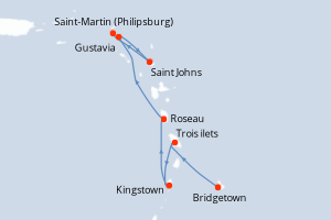 Carte de l'itinéraire de croisière Bridgetown-Saint-Martin (Philipsburg) d'une durée de 7 jours