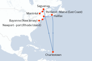 Carte itinéraire croisière Canada, États-Unis - 11 jours au départ de Bayonne (New Jersey) - Amérique du Nord