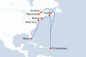 Carte itinéraire croisière États-Unis, Canada - 14 jours au départ de Montréal - Caraïbes Bahamas