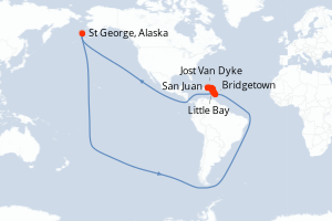 Carte de l'itinéraire de croisière San Juan-Bridgetown d'une durée de 10 jours