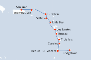Carte de l'itinéraire de croisière Bridgetown-San Juan d'une durée de 10 jours