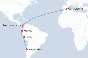 Carte de l'itinéraire de croisière Carthagene-Valparaíso d'une durée de 14 jours