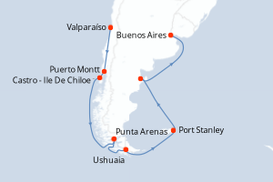 Carte de l'itinéraire de croisière Valparaíso-Buenos Aires d'une durée de 17 jours