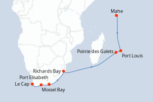 Carte de l'itinéraire de croisière Le Cap -Mahe d'une durée de 16 jours