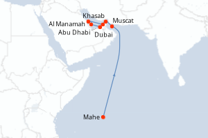 Carte de l'itinéraire de croisière Mahe-Dubai d'une durée de 17 jours