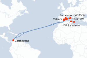 Carte de l'itinéraire de croisière Barcelone-La Valette d'une durée de 11 jours