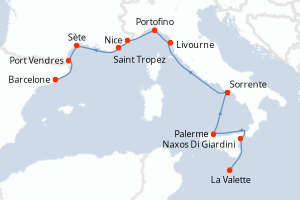 Carte de l'itinéraire de croisière La Valette-Barcelone d'une durée de 11 jours