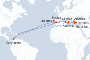 Carte de l'itinéraire de croisière Le Piree - Athenes-Lisbonne d'une durée de 14 jours