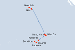 Carte de l'itinéraire de croisière Papeete-Honolulu d'une durée de 14 jours