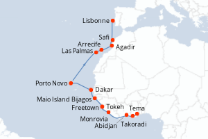 Carte de l'itinéraire de croisière Tema-Lisbonne d'une durée de 20 jours