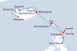 Carte de l'itinéraire de croisière Eidi-Reykjavik d'une durée de 12 jours