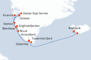Carte de l'itinéraire de croisière Reykjavik-Nuuk d'une durée de 13 jours
