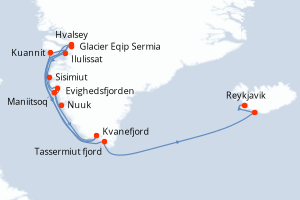 Carte de l'itinéraire de croisière Nuuk-Reykjavik d'une durée de 13 jours