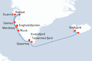 Carte de l'itinéraire de croisière Reykjavik-Nuuk d'une durée de 12 jours