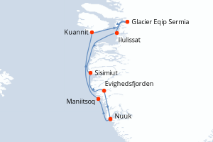 Carte de l'itinéraire de croisière Nuuk-Nuuk d'une durée de 7 jours