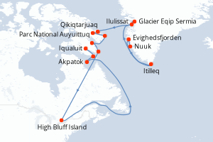 Carte de l'itinéraire de croisière Nuuk-Iqualuit d'une durée de 14 jours