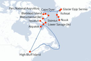 Carte de l'itinéraire de croisière Iqualuit-Nuuk d'une durée de 14 jours