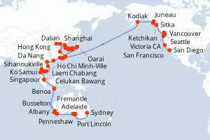 Carte itinéraire croisière Australie, Indonésie, Singapour, Thaïlande, Cambodge, Vietnam, Chine, Taïwan, Corée du Sud, Japon, États-Unis, Canada - 91 jours au départ de Sydney - Amérique du Nord