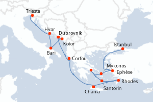 Carte de l'itinéraire de croisière Trieste-Istanbul d'une durée de 14 jours