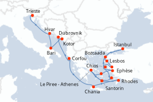 Carte itinéraire croisière Italie, Monténégro, Croatie, Grèce, Turquie - 21 jours au départ de Trieste - Méditerranée