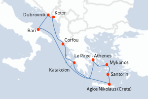 Carte itinéraire croisière Grèce, Monténégro, Croatie, Italie - 10 jours au départ de Le Piree - Athenes - Méditerranée