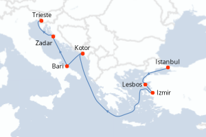 Carte de l'itinéraire de croisière Istanbul-Trieste d'une durée de 7 jours
