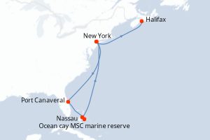 Carte de l'itinéraire de croisière New York-Halifax d'une durée de 9 jours