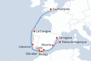 Carte de l'itinéraire de croisière Southampton-Southampton d'une durée de 14 jours