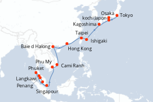 Carte de l'itinéraire de croisière Singapour-Tokyo d'une durée de 23 jours