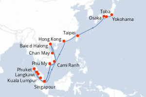 Carte de l'itinéraire de croisière Yokohama-Singapour d'une durée de 28 jours