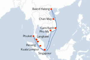 Carte de l'itinéraire de croisière Singapour-Singapour d'une durée de 16 jours