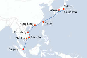 Carte de l'itinéraire de croisière Singapour-Yokohama d'une durée de 14 jours