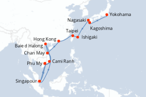 Carte de l'itinéraire de croisière Yokohama-Singapour d'une durée de 24 jours