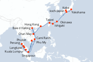 Carte de l'itinéraire de croisière Singapour-Yokohama d'une durée de 31 jours