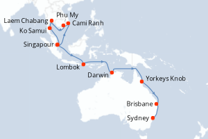 Carte de l'itinéraire de croisière Singapour-Sydney d'une durée de 24 jours